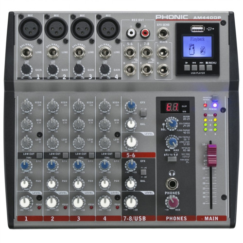 Phonic AM 440DP микшерный пульт 8-и канальный, USB плеер (MP3 и WAV), встроенный цифровой процессор эффектов Phonic AM 440DP микшерный пульт 8-и канальный, USB плеер (MP3 и WAV), встроенный цифровой процессор эффектов