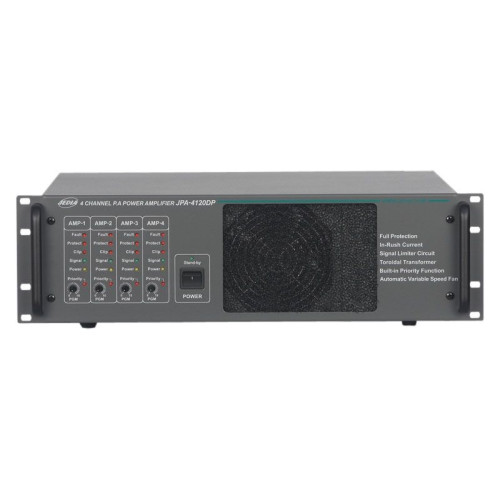 Jedia JPA-4120DPT 4-х канальный усилитель мощности 4х120 Вт\100В с приоритетным входом Jedia JPA-4120DPT 4-х канальный усилитель мощности 4х120 Вт\100В с приоритетным входом