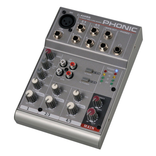 Phonic AM 55 микшерный пульт 5-и канальный с 1 микр/лин + 2 стерео канала Phonic AM 55 микшерный пульт 5-и канальный с 1 микр/лин + 2 стерео канала