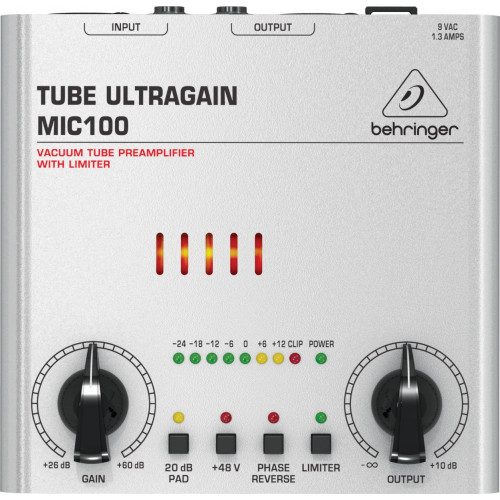 Behringer MIC100 Tube UltraGain ламповый микрофонный предусилитель с лимитером Behringer MIC100 Tube UltraGain ламповый микрофонный предусилитель с лимитером