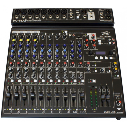Peavey PV 14 AT 14-канальный аналоговый микшерный пульт с Bluetooth, USB и системой Auto-Tune для первых двух каналов Peavey PV 14 AT 14-канальный аналоговый микшерный пульт с Bluetooth, USB и системой Auto-Tune для первых двух каналов