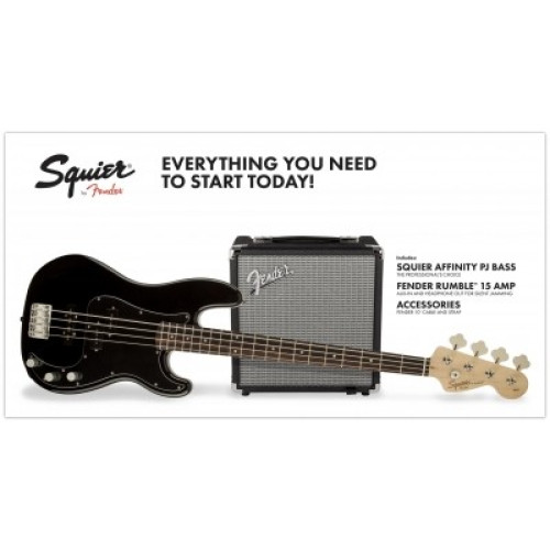 Fender Squier Affinity Series™ PrecisiOn Bass® PJ Pack, Laurel Fingerboard, Black, Gig Bag, Rumble 15 комплект: бас-гитара, чехол и комбо Fender Squier Affinity Series™ PrecisiOn Bass® PJ Pack, Laurel Fingerboard, Black, Gig Bag, Rumble 15 комплект: бас-гитара, чехол и комбо